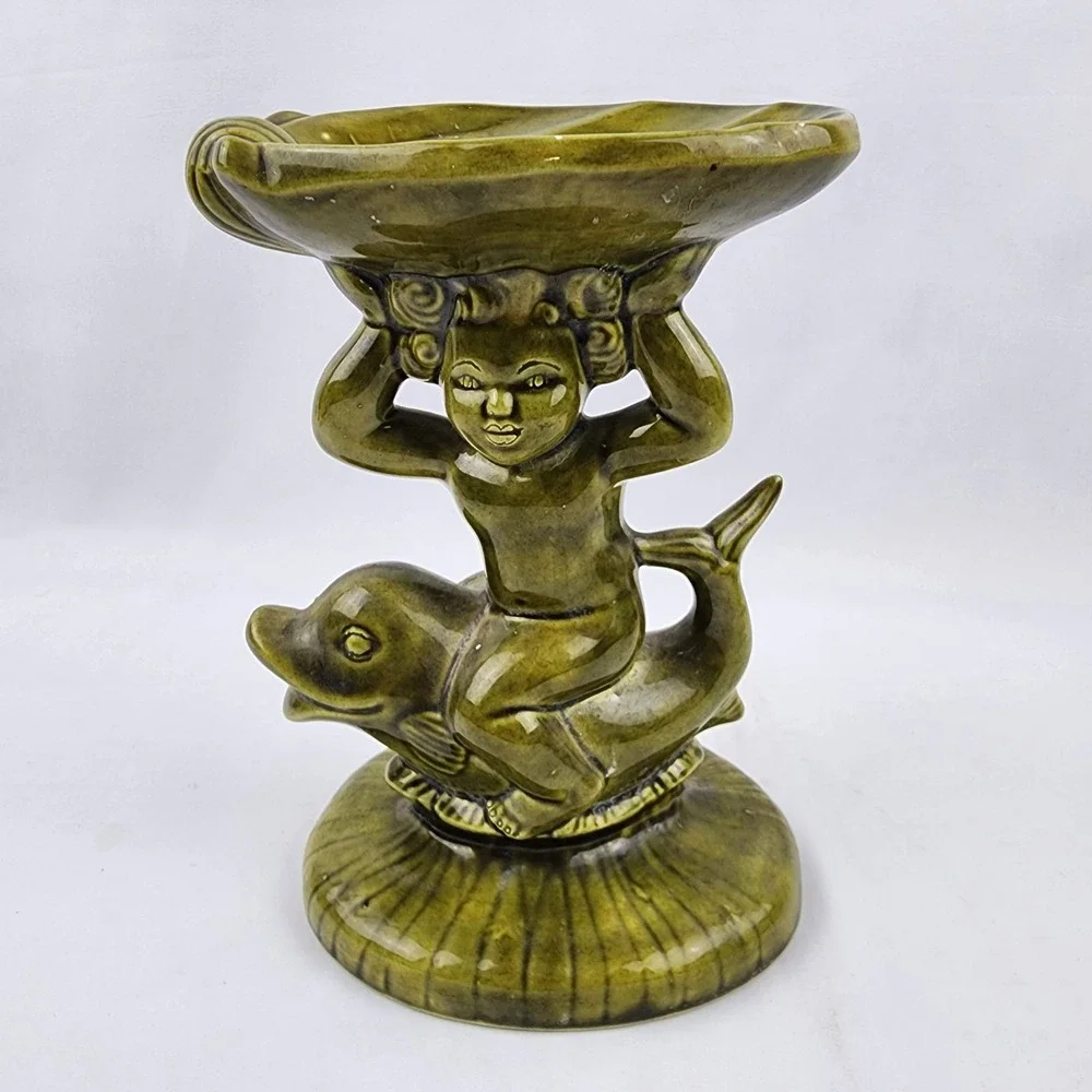 Vtg Ceramic Holland Mold Cherub Angel Child‎ Dolphin Iridized Pedestal Soap Dish